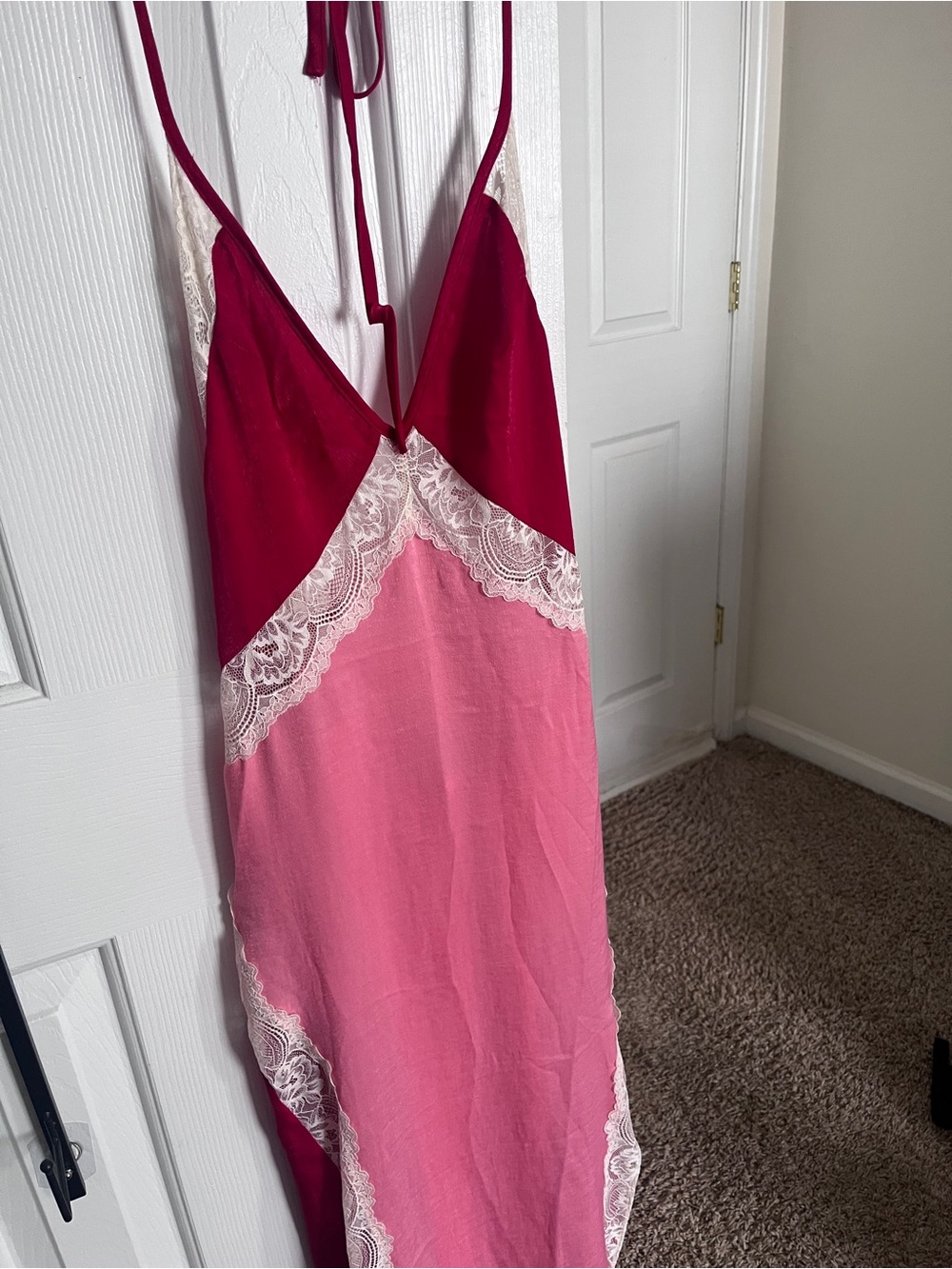 Free people Women's Pink and Burgundy Lace Trim Slip Dress